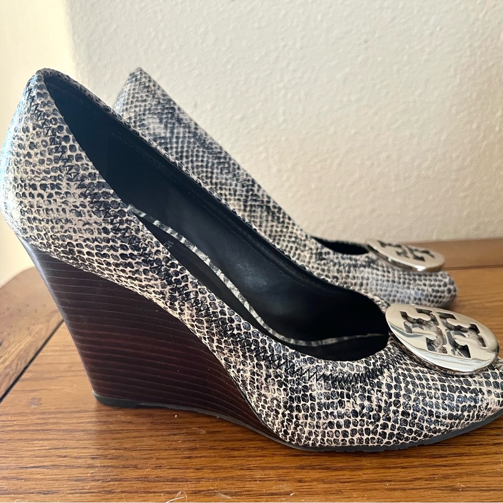 Tory Burch Julianne python embossed leather open toe wedges.